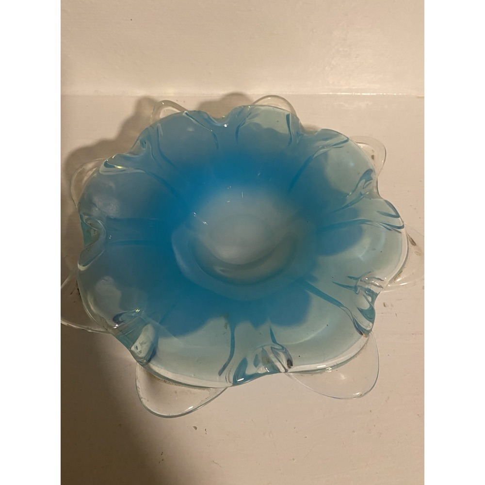 Murano Glass Light Blue And Clear Plate Bowl Vintage 1960s